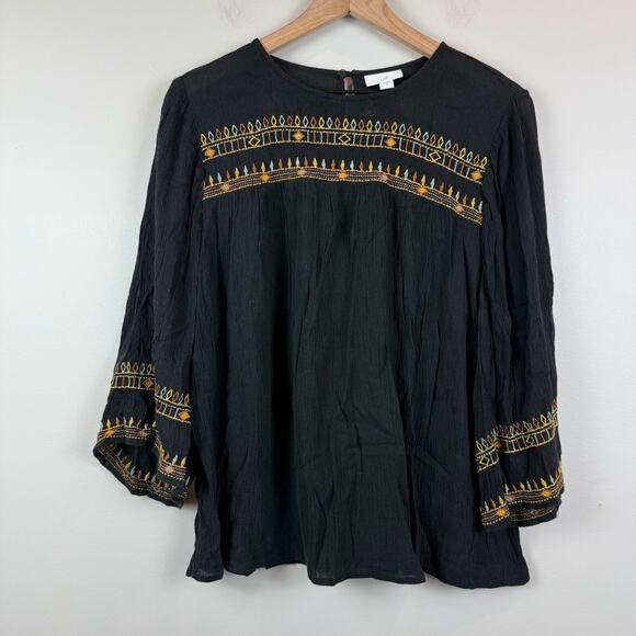 J. Jill Tops - J.Jill Top Women's Small Black Aztec Embroidered Bell Sleeve Blouse Boho Cottage